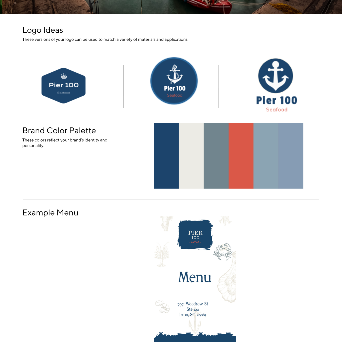 Branding sheet for Pier 100 seafood