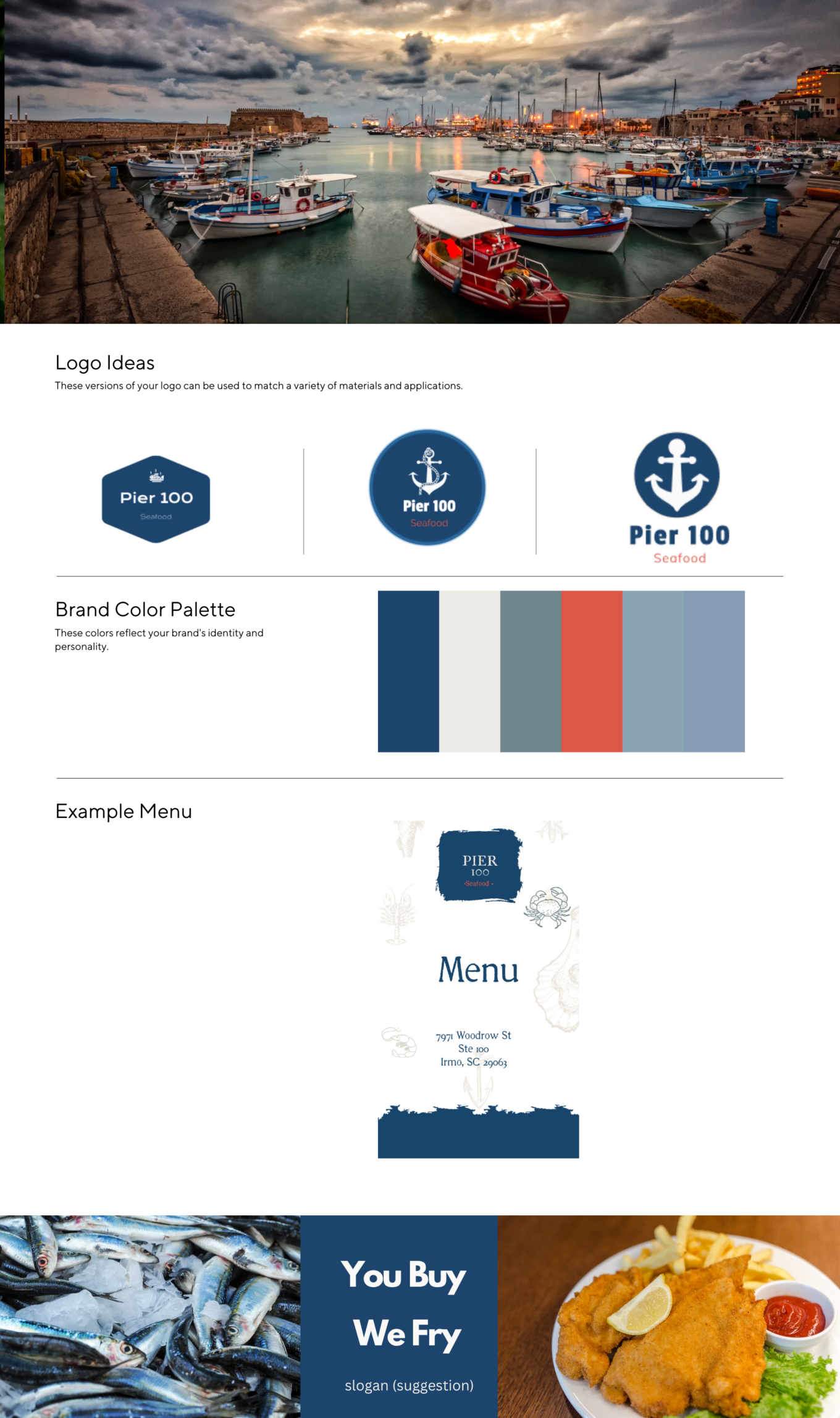 Branding sheet for Pier 100 seafood